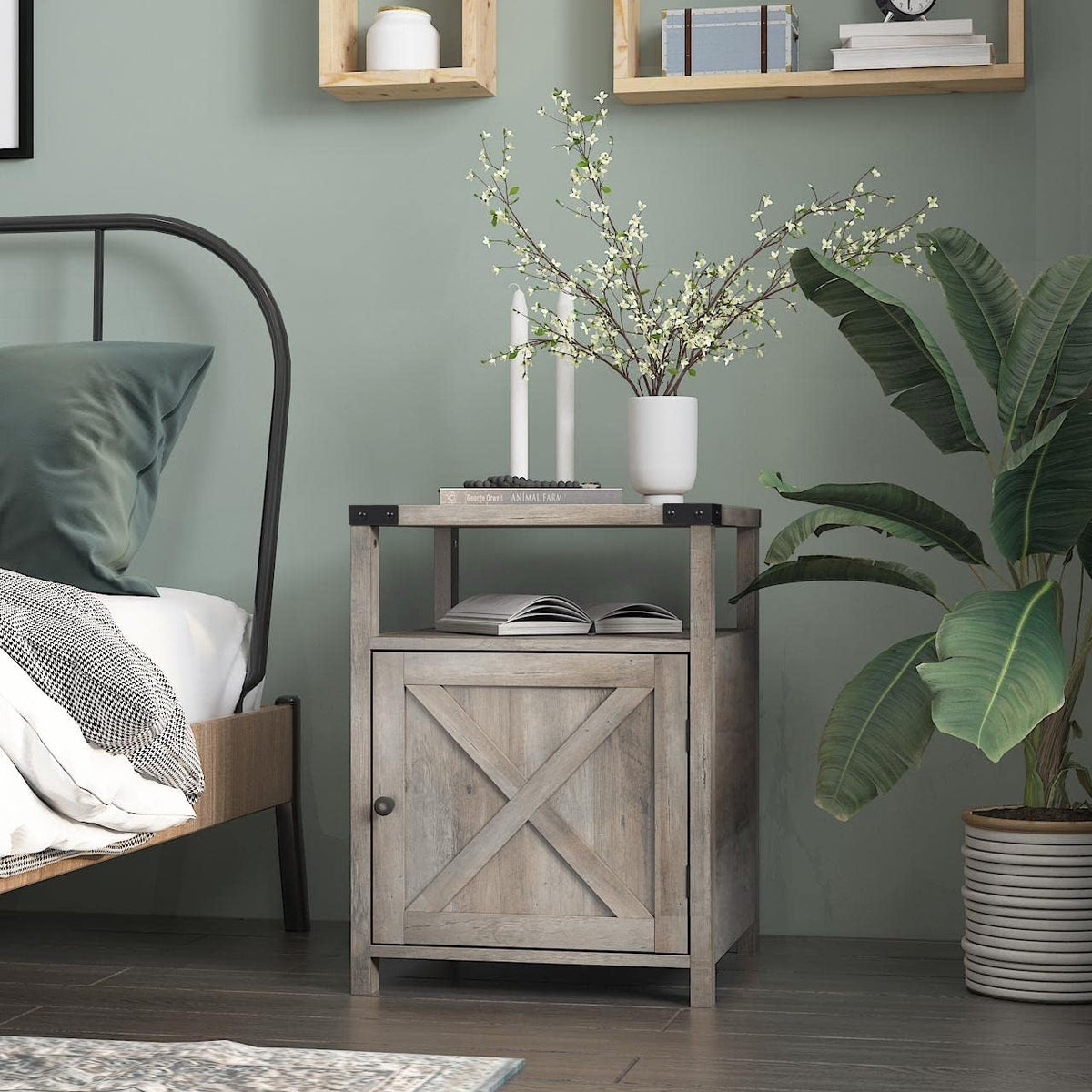Gray Wood Nightstand with Cabinet and Shelf O324