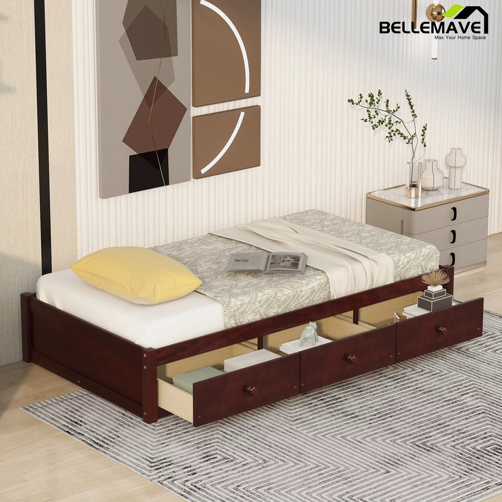Twin Size Platform Bed with Storage Drawers Wood Bed Frame G1825