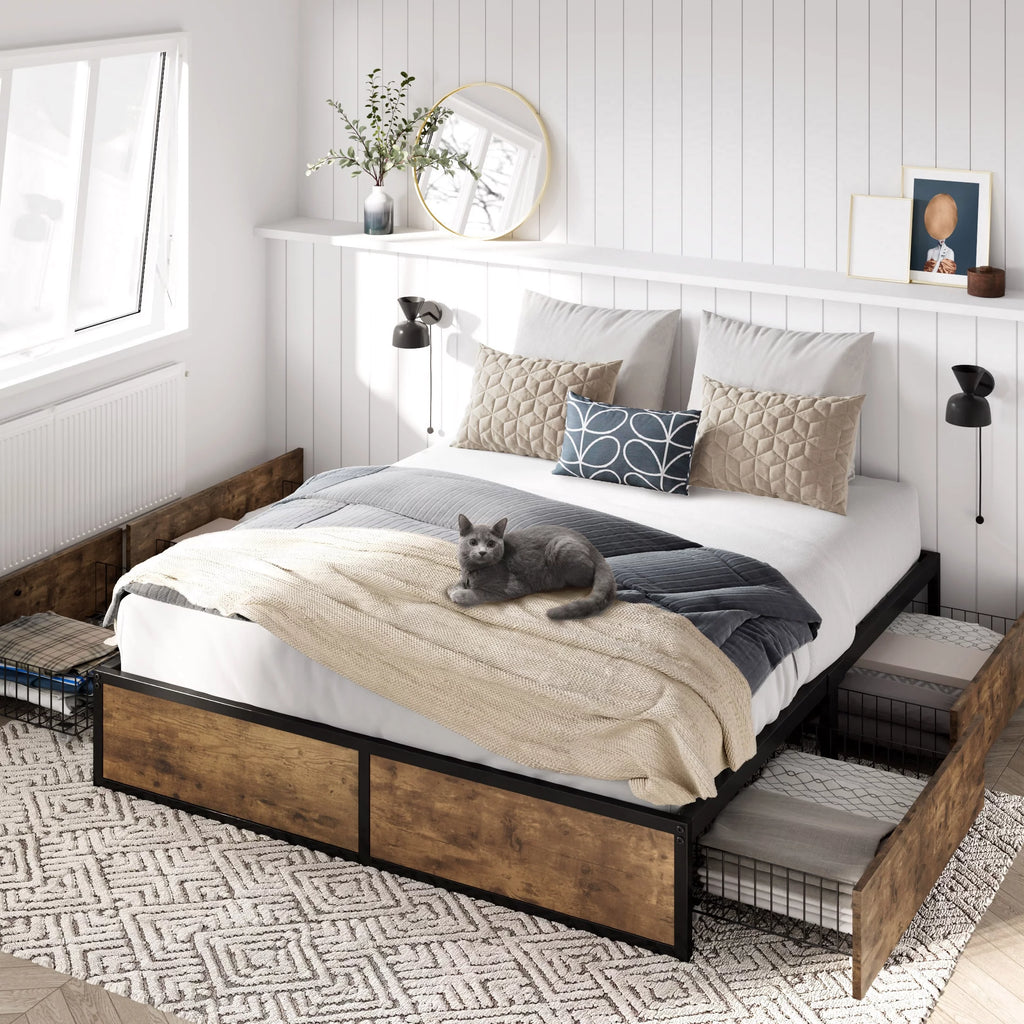 Queen Size Metal Platform Bed Frame with 4 Storage Drawers Q181911