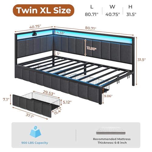 Full Size Corner Bed Frame with 2 Storage Drawers and Charging Station B107722