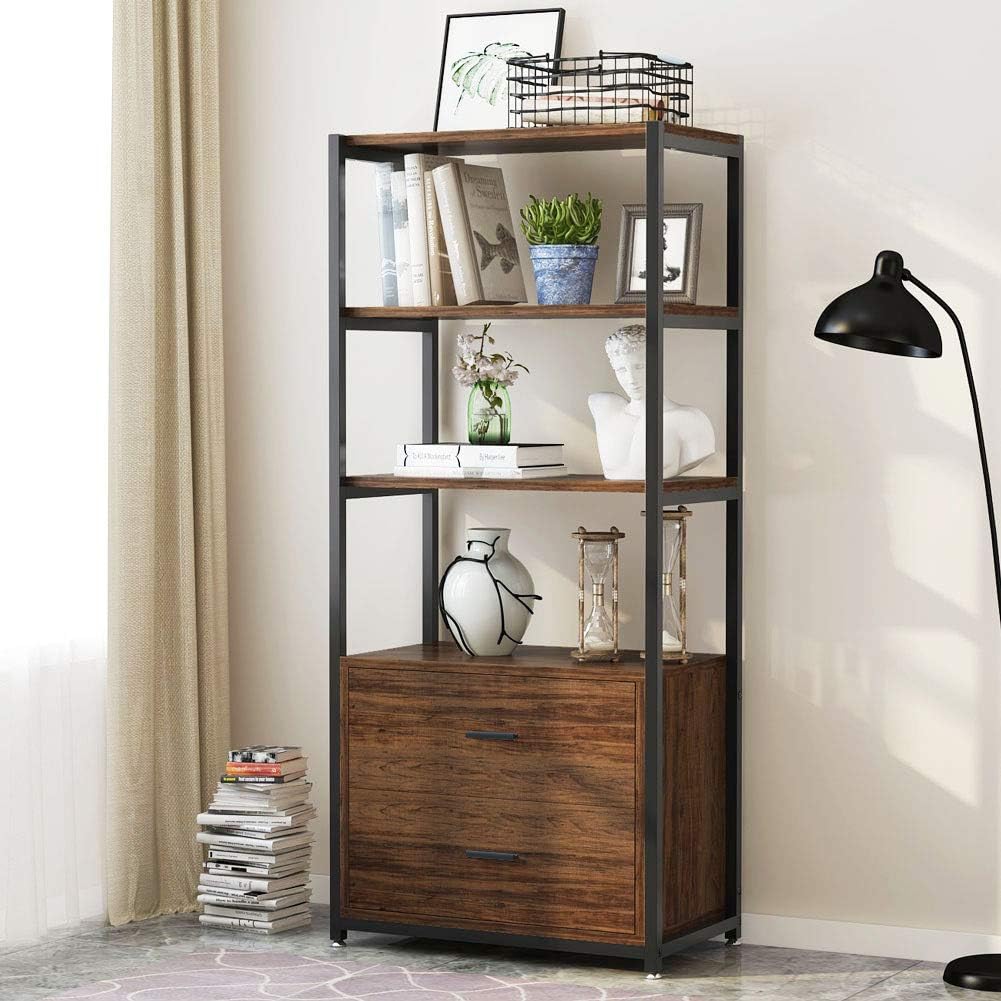 4-Tier White Bookshelf with 2 Drawers O69143