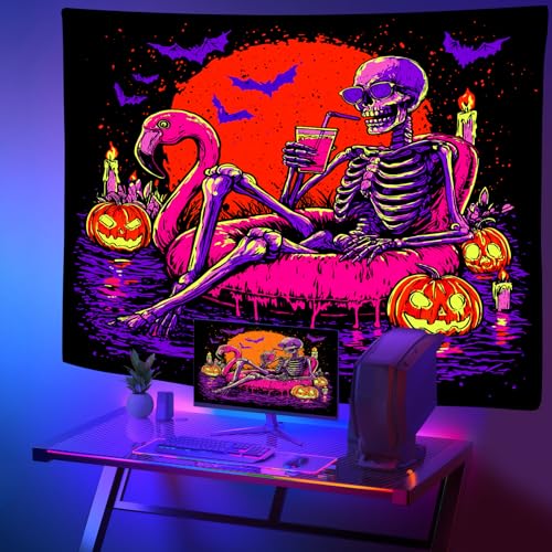 Blacklight UV Reactive Skeleton Pumpkin Bat Tapestry 90x70In Q9694