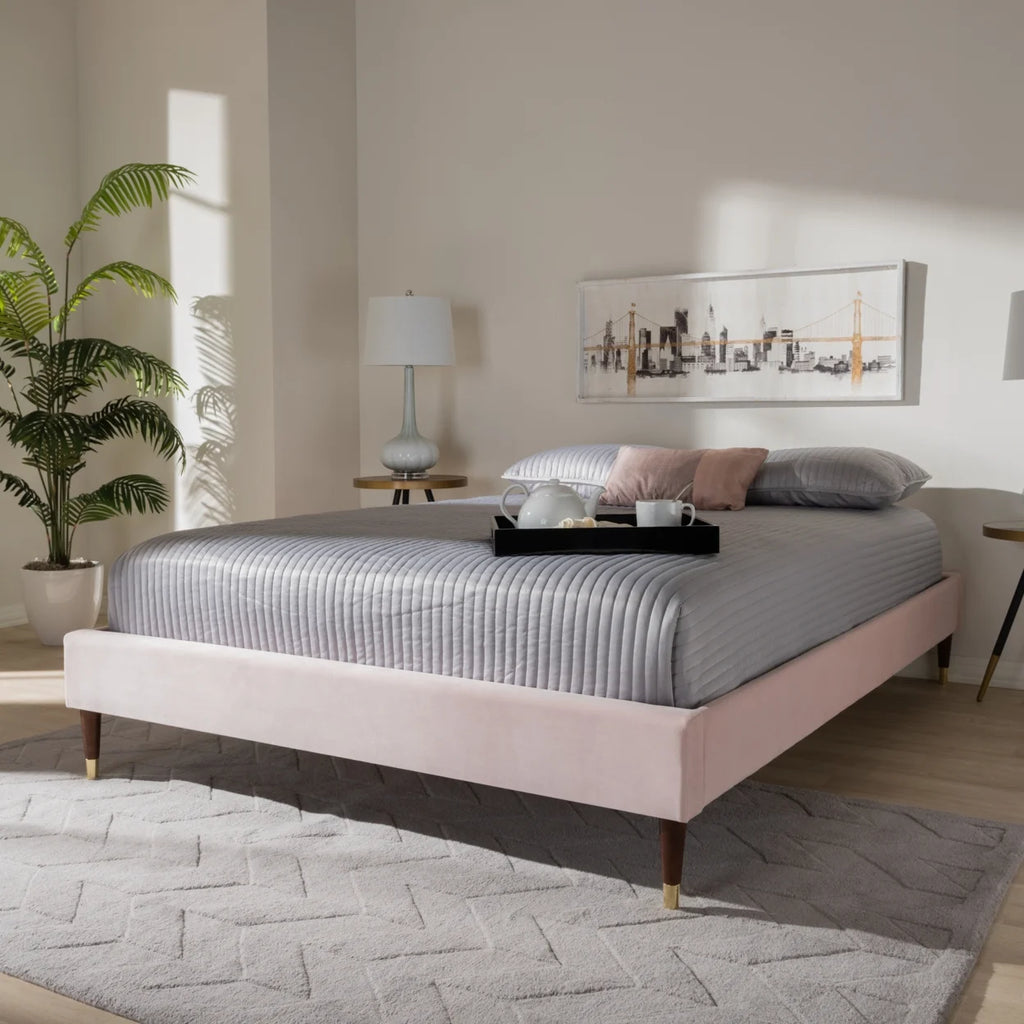 Light Pink Velvet Upholstered Full Size Wood Platform Bed Frame T229