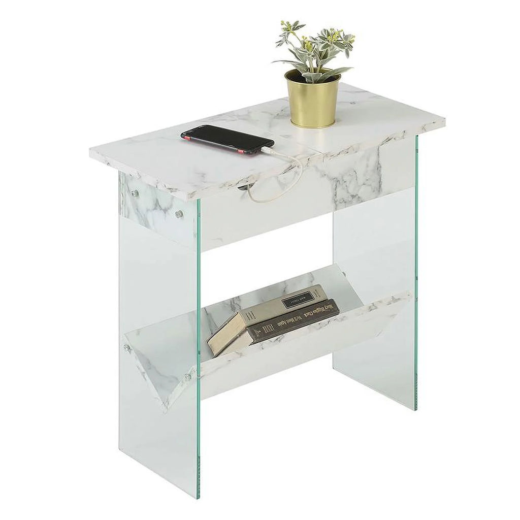 White Faux Marble Wood End Table with Clear Glass B477