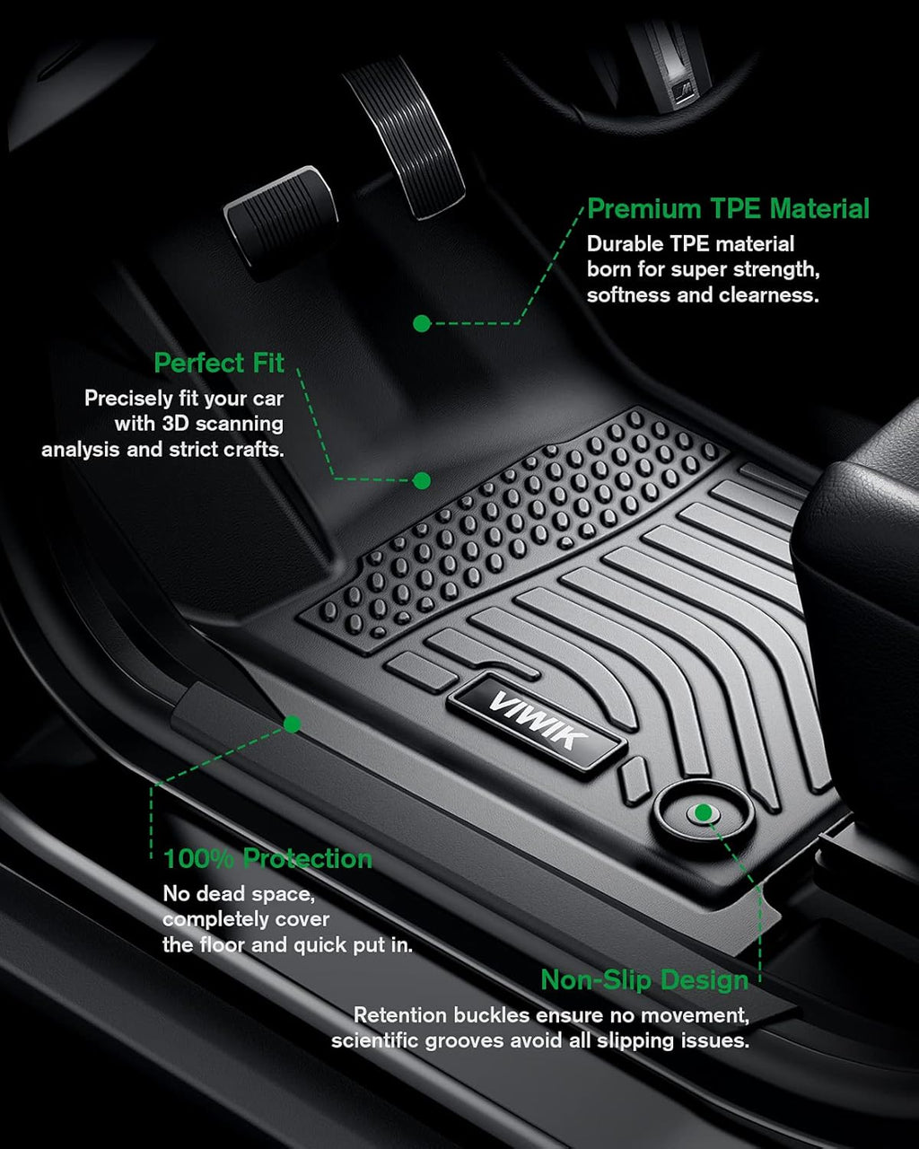 Black TPE Floor Mats Full Set 1st 2nd 3rd Row P544