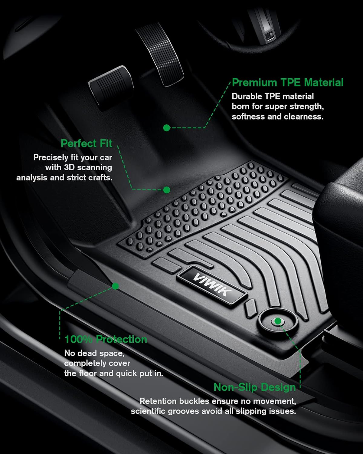 Black TPE Floor Mats Full Set 1st 2nd 3rd Row P544
