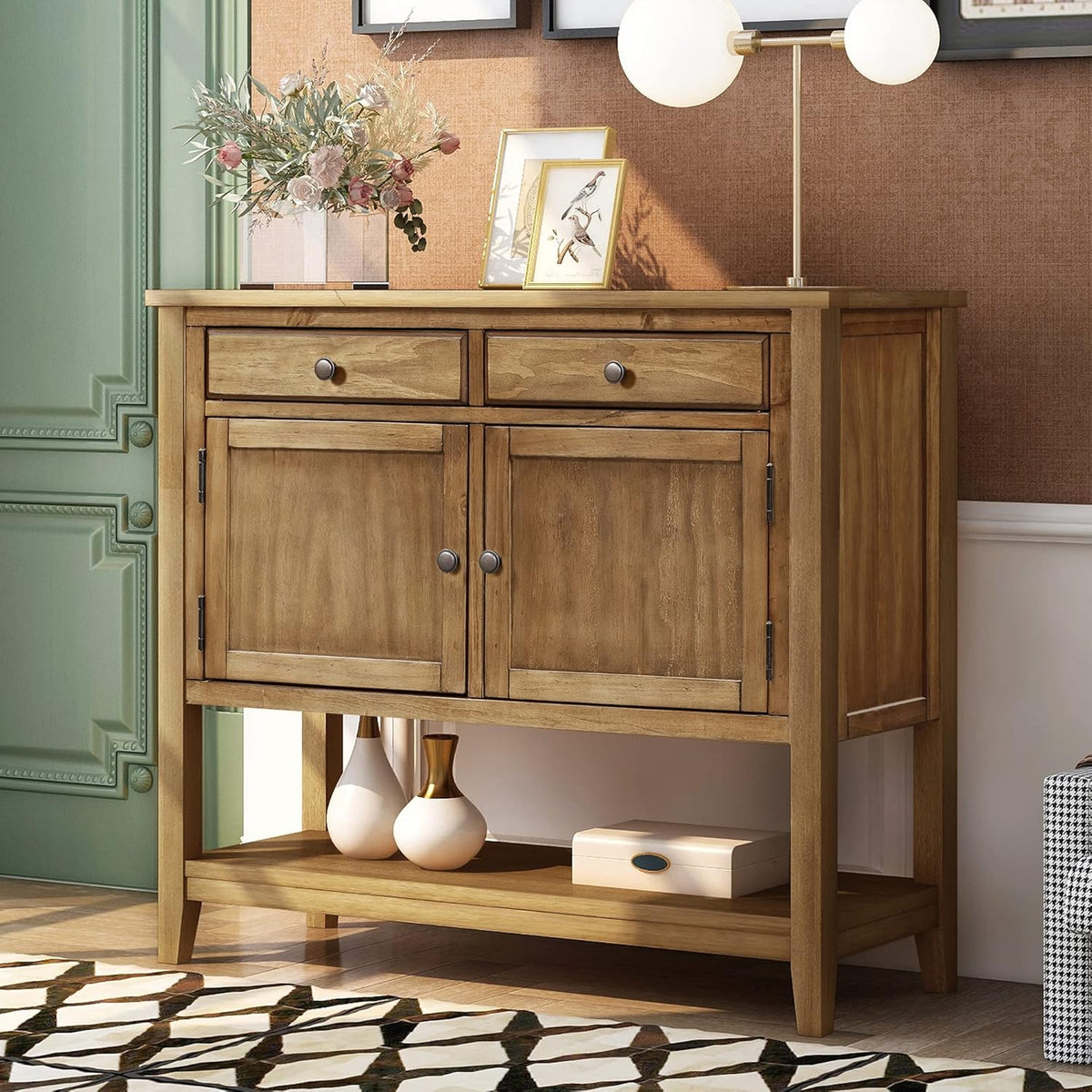 Espresso Wood Console Table with 2 Drawers 2 Cabinets 1 Shelf E959