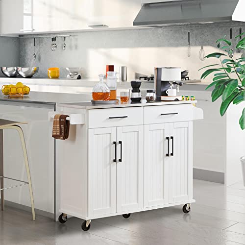 White Kitchen Island Cart with Stainless Steel Countertop Z71983