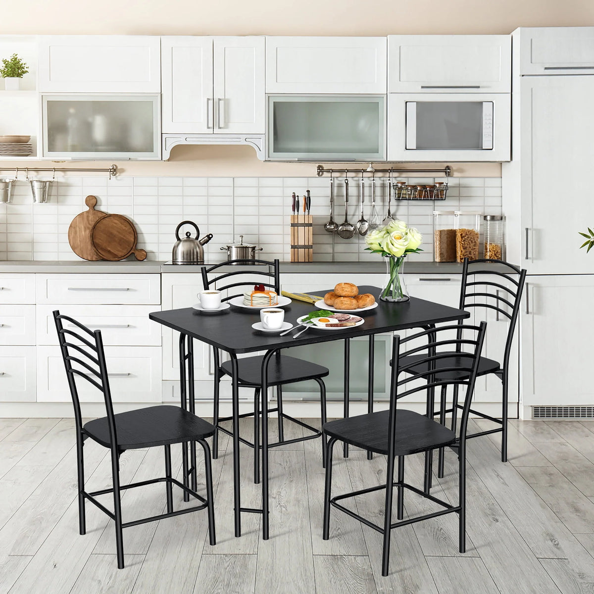5 Pcs Modern Dining Table Set 4 Chairs Steel Frame Black G206