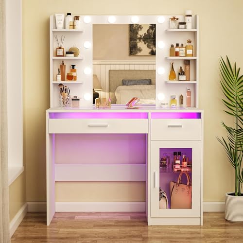 White Vanity Desk with Mirror and Lights T42536