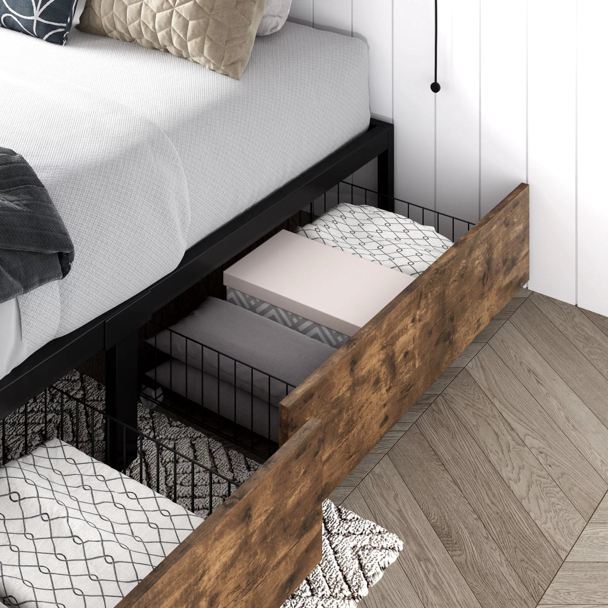 Queen Size Metal Platform Bed Frame with 4 Storage Drawers Q181911