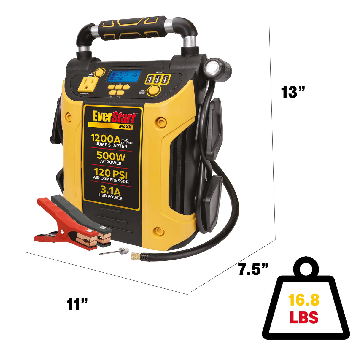 1200 Peak Amps Jump Starter with 500W Inverter and 120 PSI Compressor Q394229