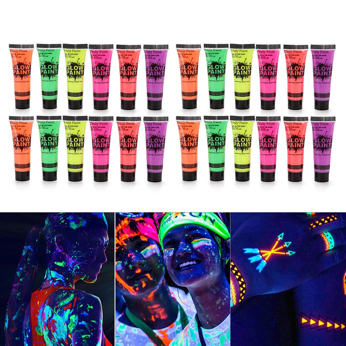 24 Tubes Glow in the Dark Face & Body Paint F301