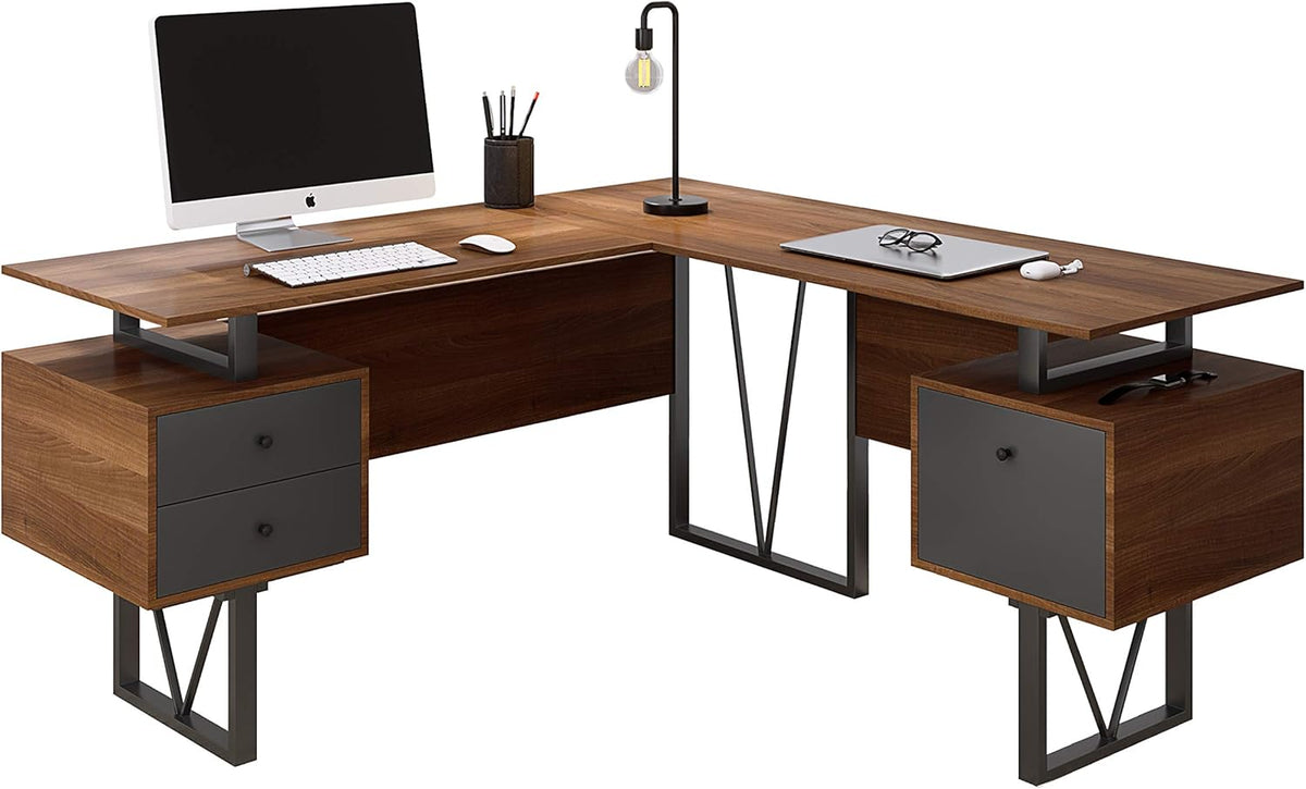 L-Shape Computer Desk with Drawers and File Cabinet, Walnut Q285043