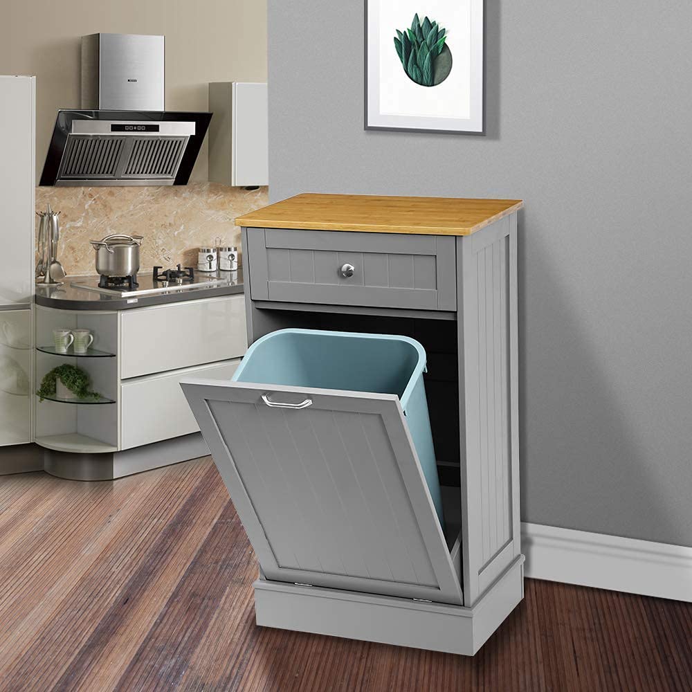 Grey Wooden Tilt Out Trash Cabinet with Cutting Board F43743