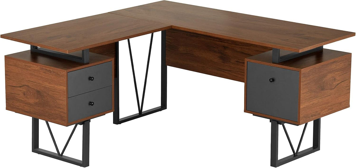 L-Shape Computer Desk with Drawers and File Cabinet, Walnut Q285043