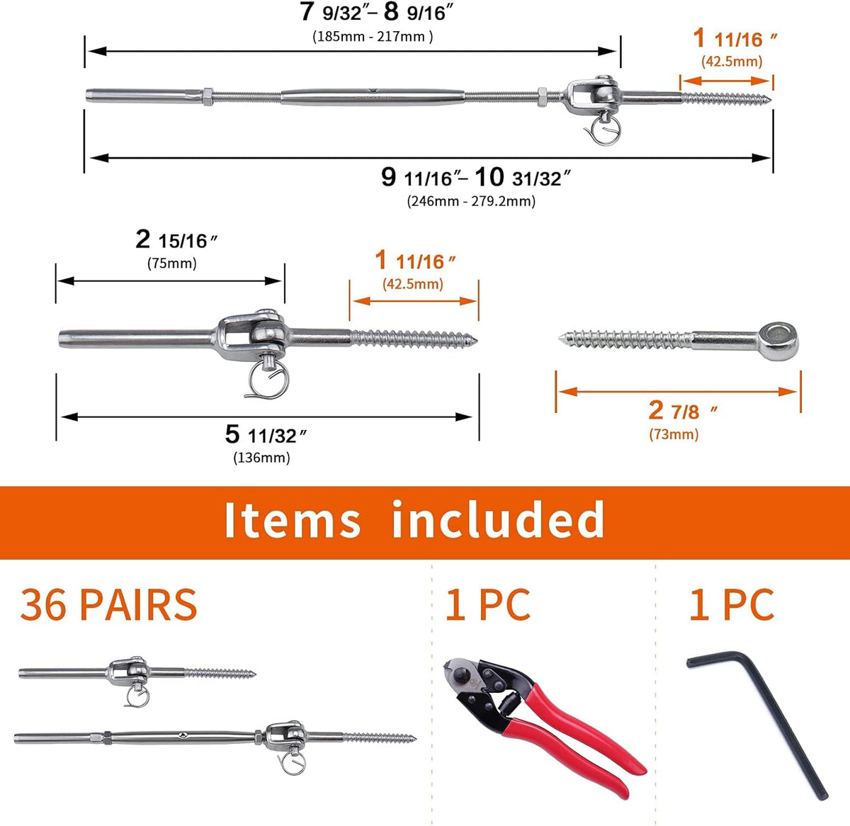 36 Set Cable Railing Kit 1/8 T316 Stainless Steel Turnbuckle Hardware F441661