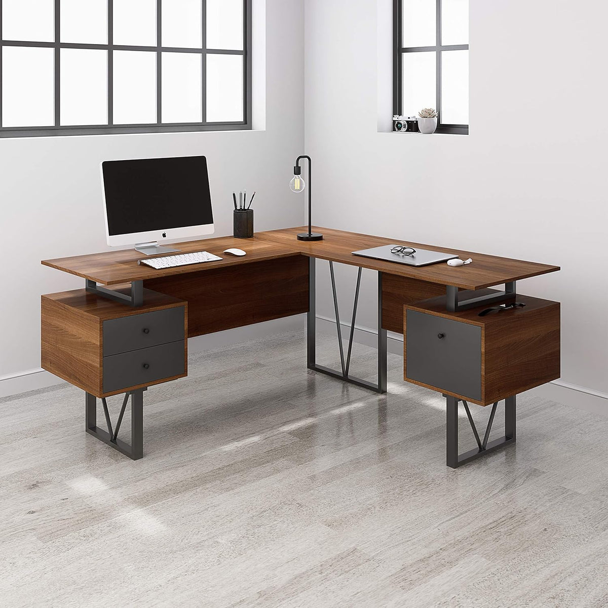 L-Shape Computer Desk with Drawers and File Cabinet, Walnut Q285043