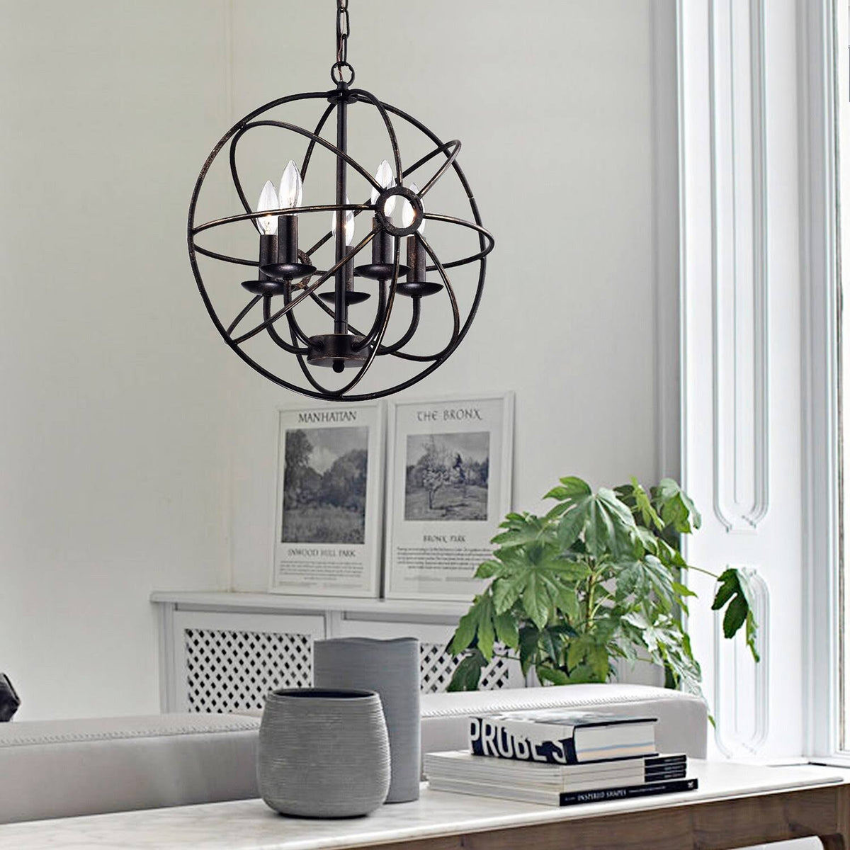 5-Light Antique Bronze Globe Cage Chandelier X816940