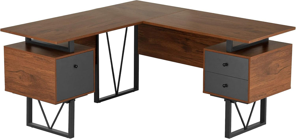 L-Shape Computer Desk with Drawers and File Cabinet, Walnut Q285043