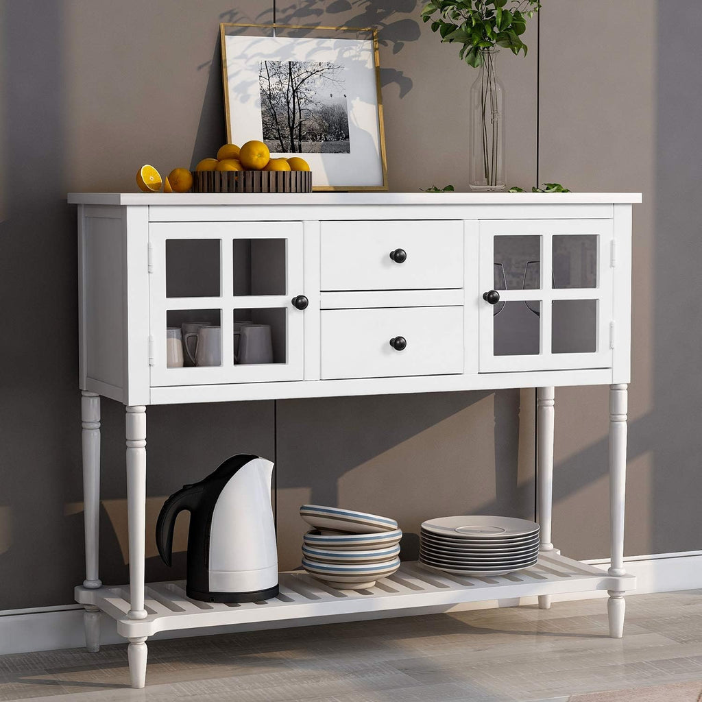 Antique Navy Console Table with Two Storage Drawers Two Cabinets and Bottom Shelf C293065
