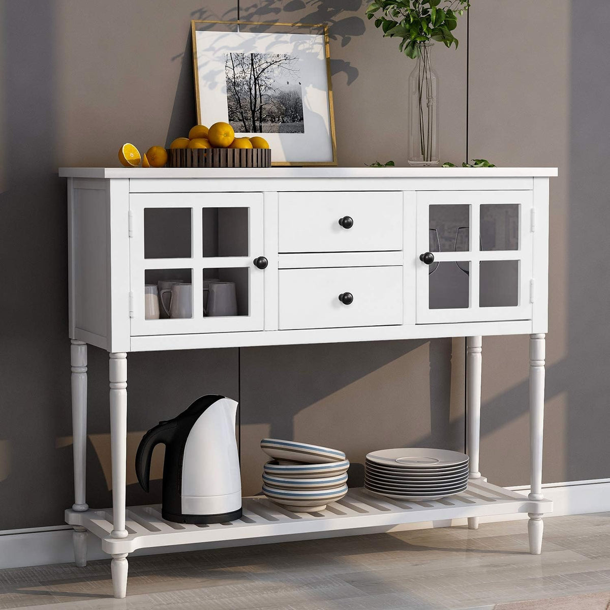 Antique Navy Console Table with Two Storage Drawers Two Cabinets and Bottom Shelf C293065