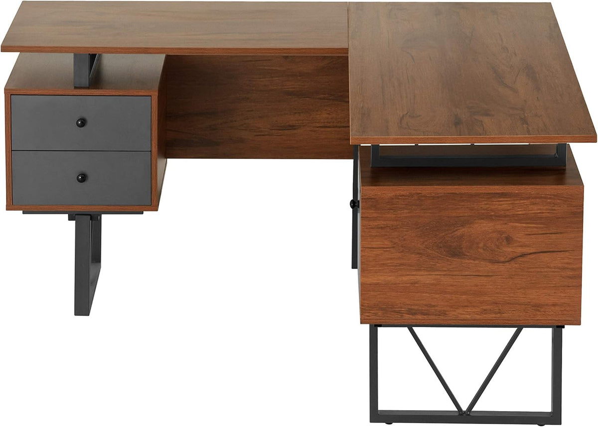 L-Shape Computer Desk with Drawers and File Cabinet, Walnut Q285043