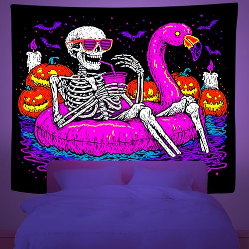 Blacklight UV Reactive Skeleton Pumpkin Bat Tapestry 90x70In Q9694