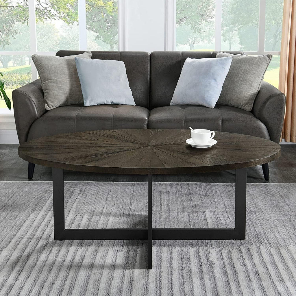 Solid Wood Oval Coffee Table with Cross Metal Legs Brown J5779