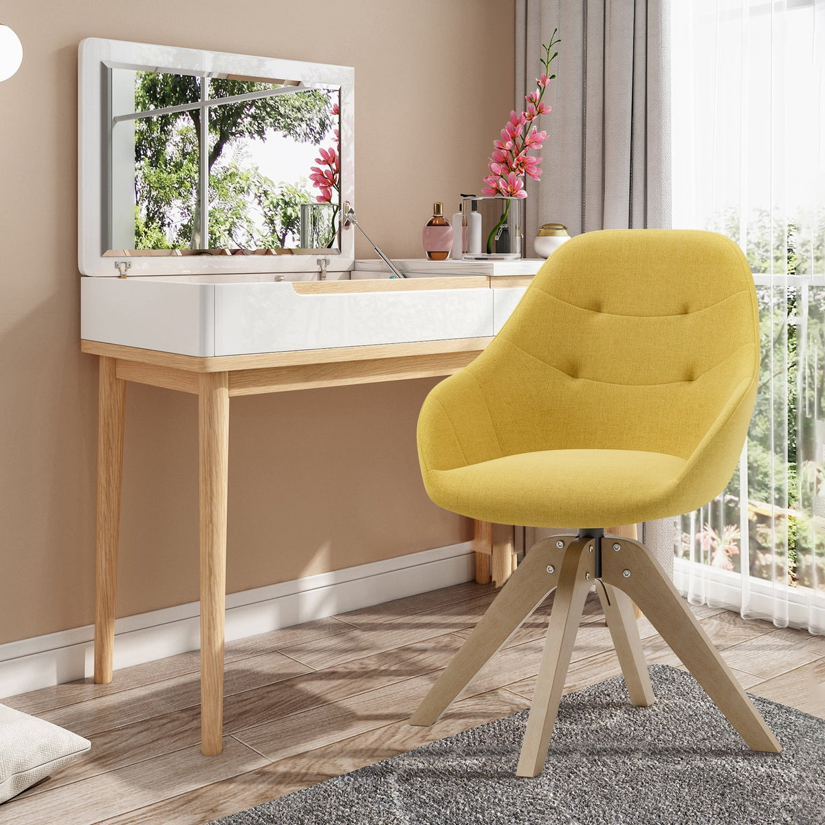 Yellow Upholstered Swivel Accent Chair with Solid Wood Legs J958