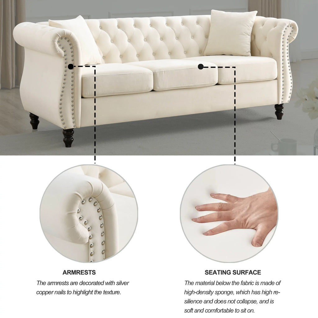 80" Velvet Tufted 3 Seats Sofa with Two Pillows F54685