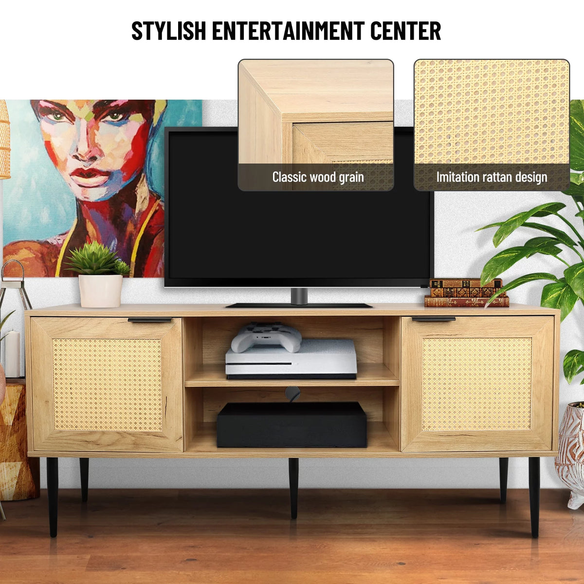 Wooden TV Stand with 2 Cabinet Open Shelves F6674