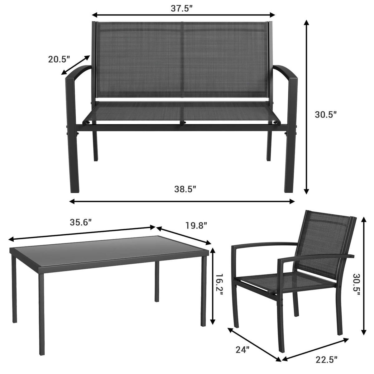 4 Pieces Textilene Steel Outdoor Furniture Set with Loveseat Tea Table I831178