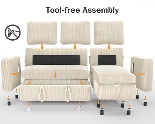 Beige Corduroy L Shaped Sleeper Sofa with Storage Chaise G43945