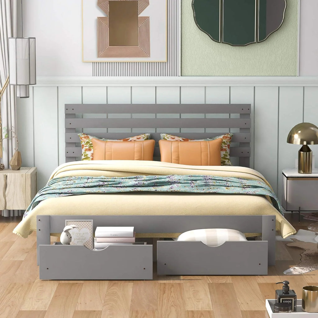 Queen Wood Platform Bed Frame with Storage Drawers and Headboard X6385