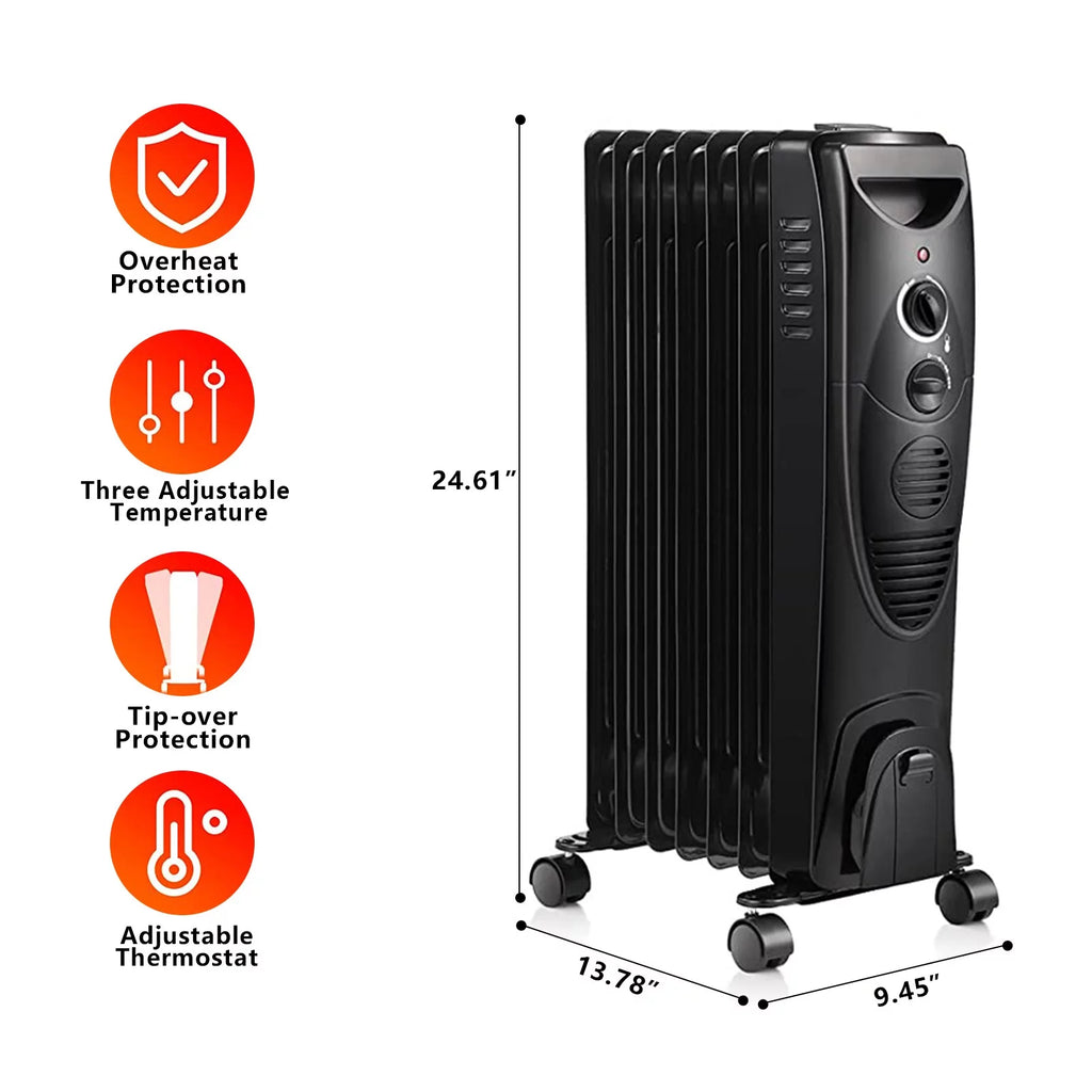 Oil Filled Radiator Heater Portable Electric Heater with 3 Heat Settings Black T625935