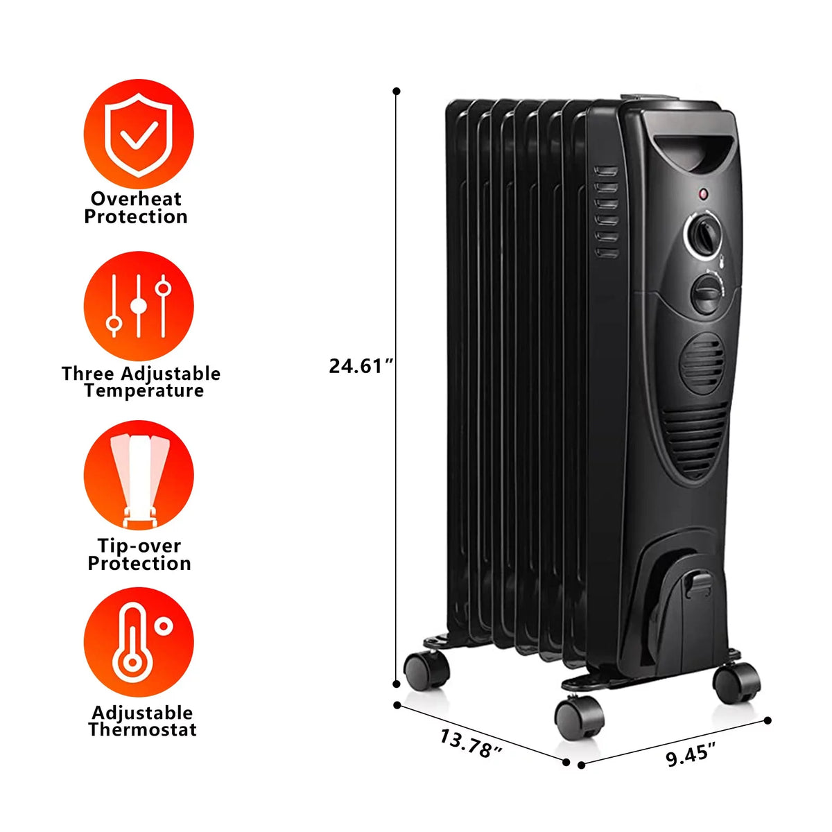 Oil Filled Radiator Heater Portable Electric Heater with 3 Heat Settings Black T625935
