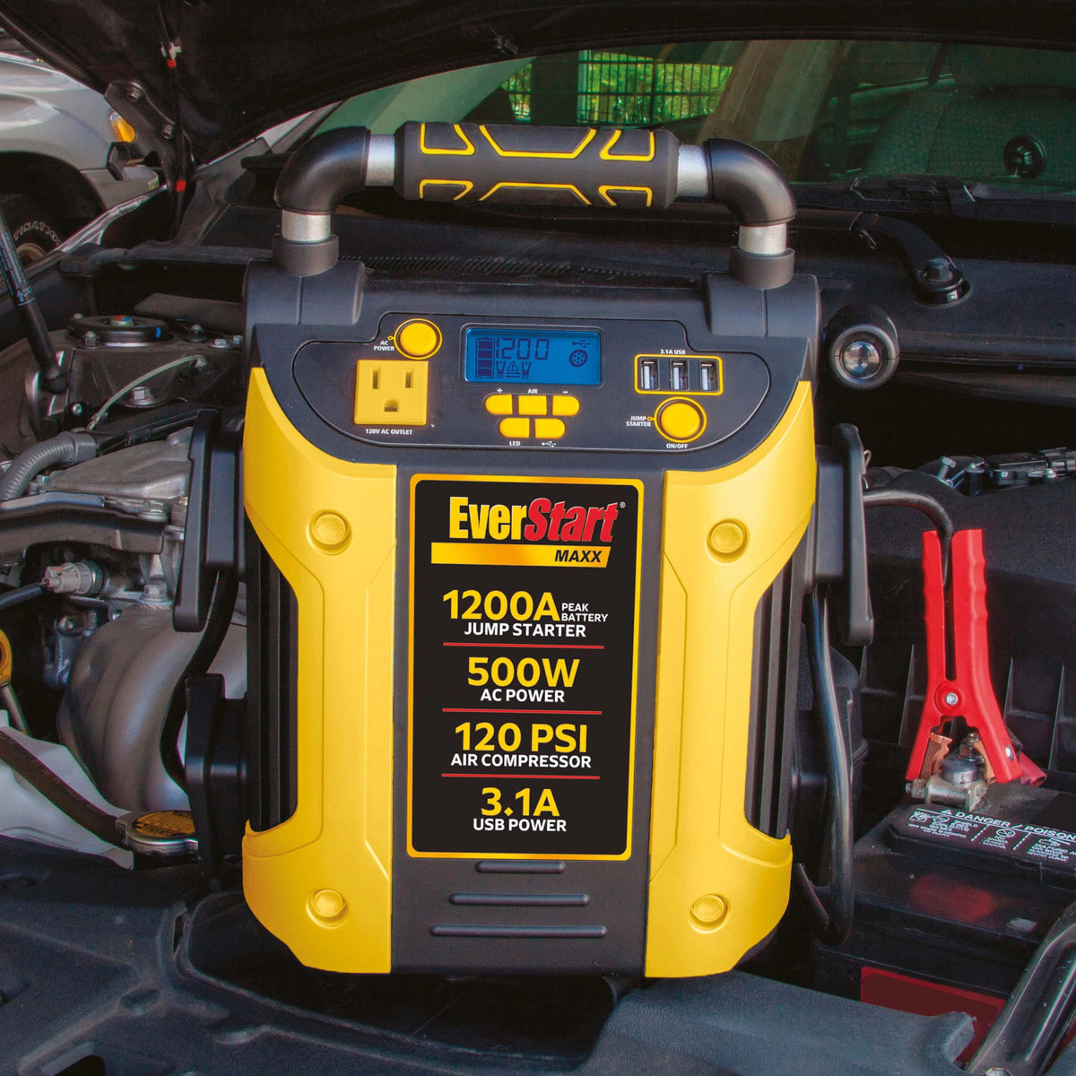 1200 Peak Amps Jump Starter with 500W Inverter and 120 PSI Compressor Q394229