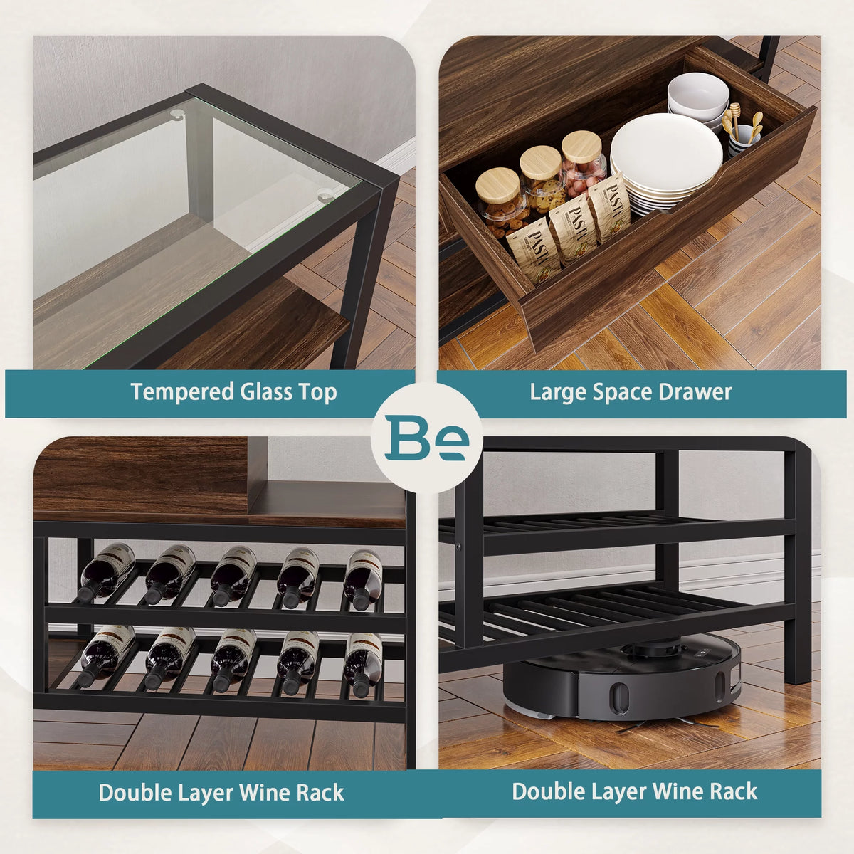 Glass Top Console Table with Wine Rack & Storage Cabinet W99968