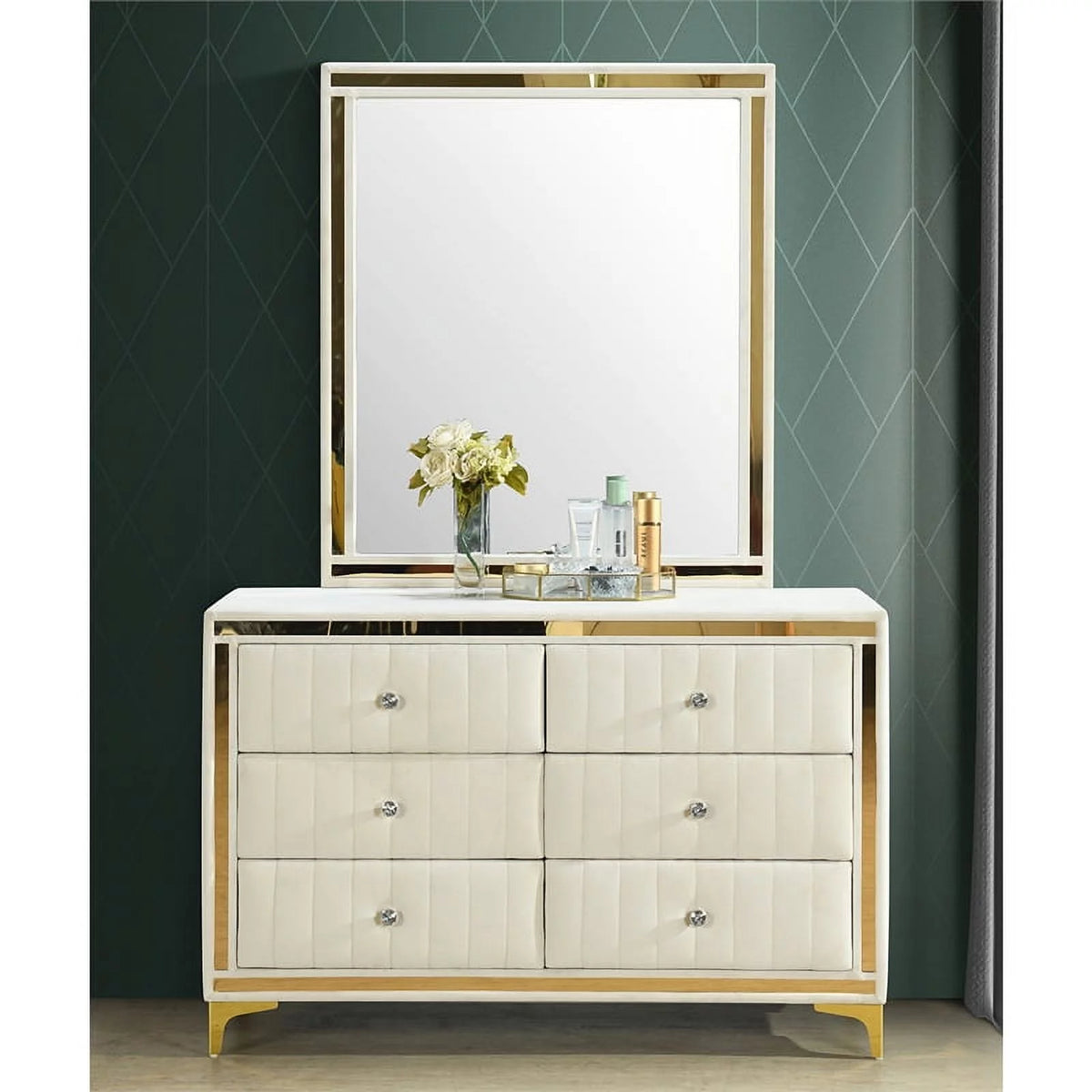 Velvet 6 Drawer Dresser with Mirror and Gold Legs in Cream M366