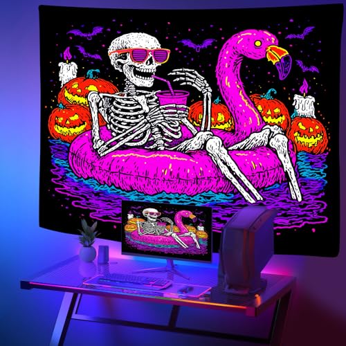Blacklight UV Reactive Skeleton Pumpkin Bat Tapestry 90x70In Q9694