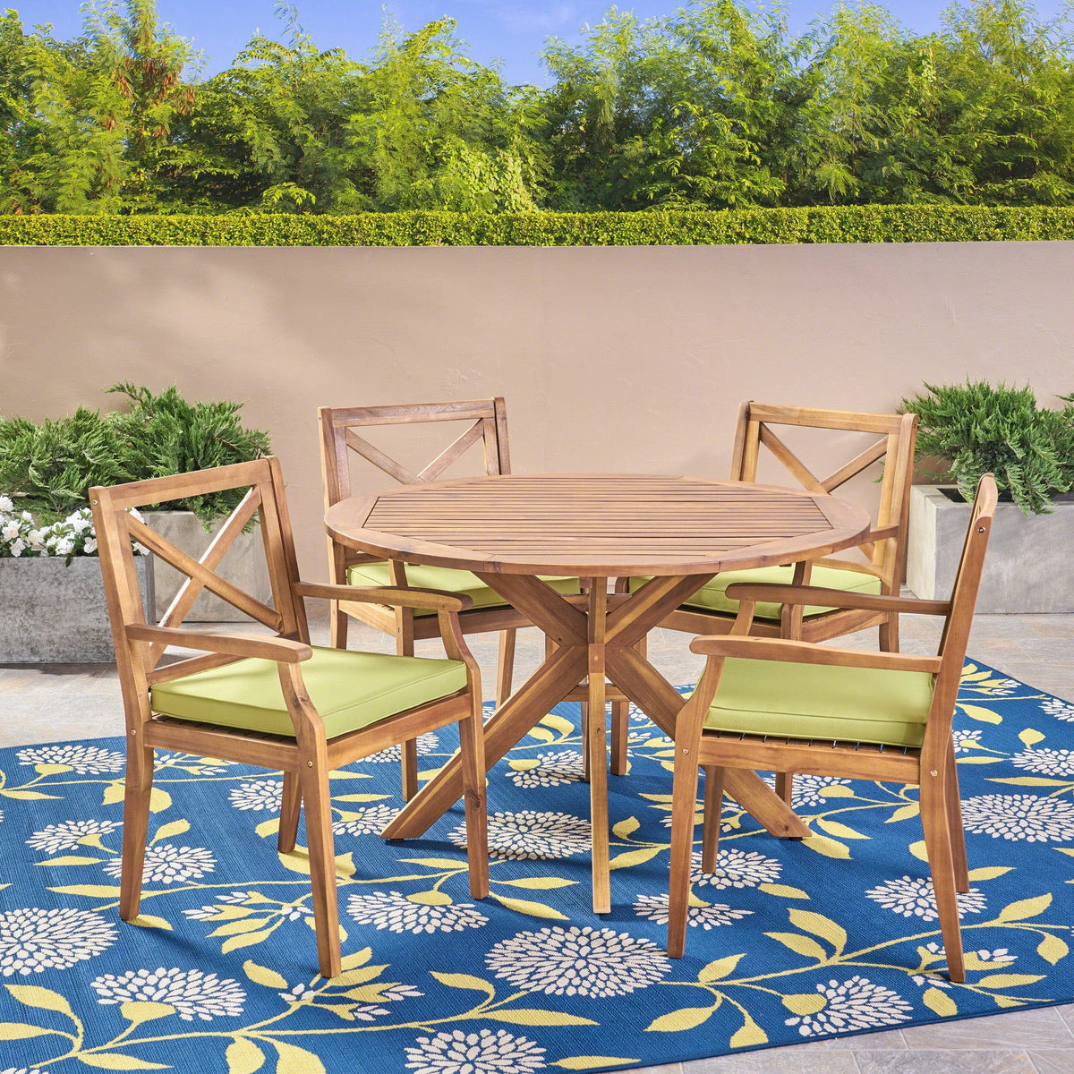 5 Piece Acacia Wood Round Dining Set with Cushions Z77399