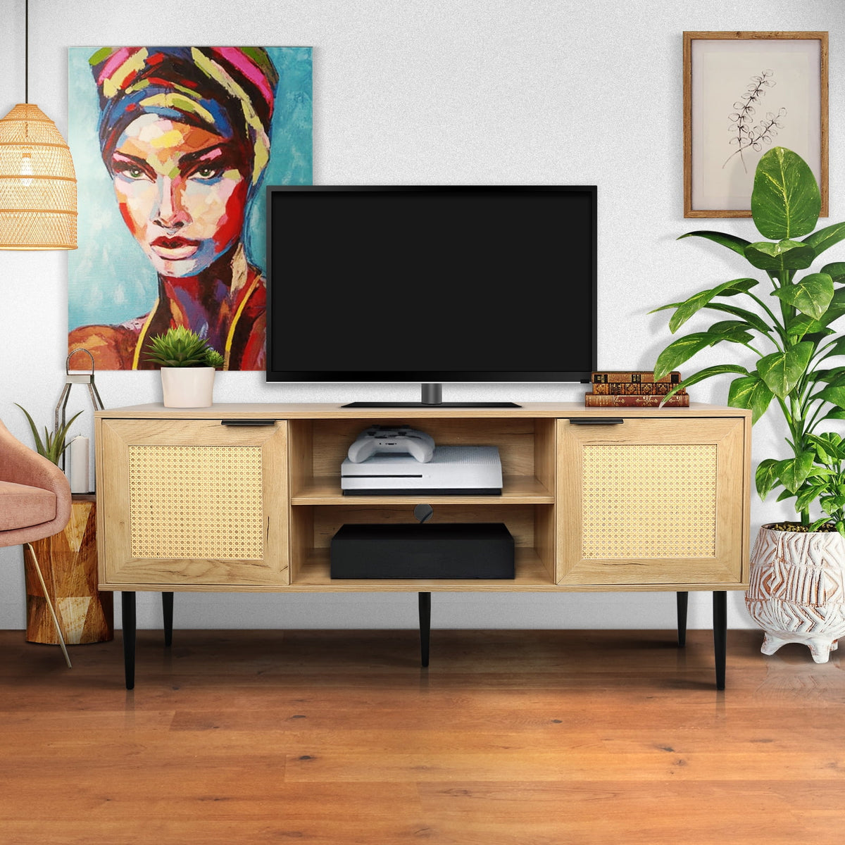 Wooden TV Stand with 2 Cabinet Open Shelves F6674