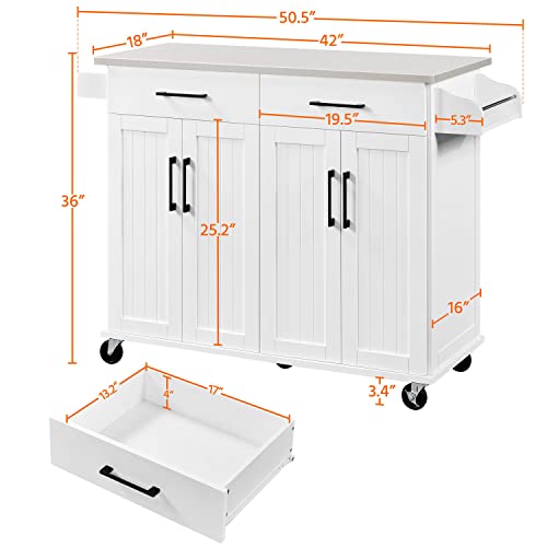 White Kitchen Island Cart with Stainless Steel Countertop Z71983