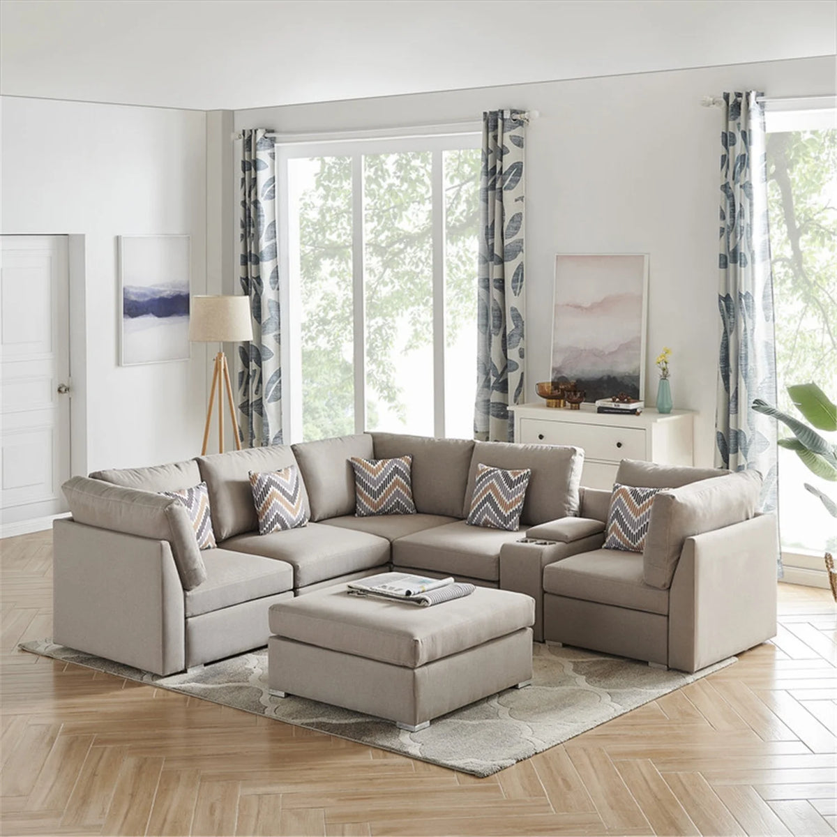 Beige Fabric Reversible Sectional Sofa with Ottoman K55217