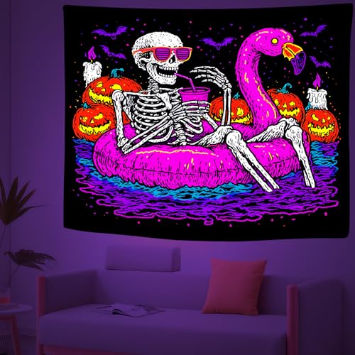 Blacklight UV Reactive Skeleton Pumpkin Bat Tapestry 90x70In Q9694