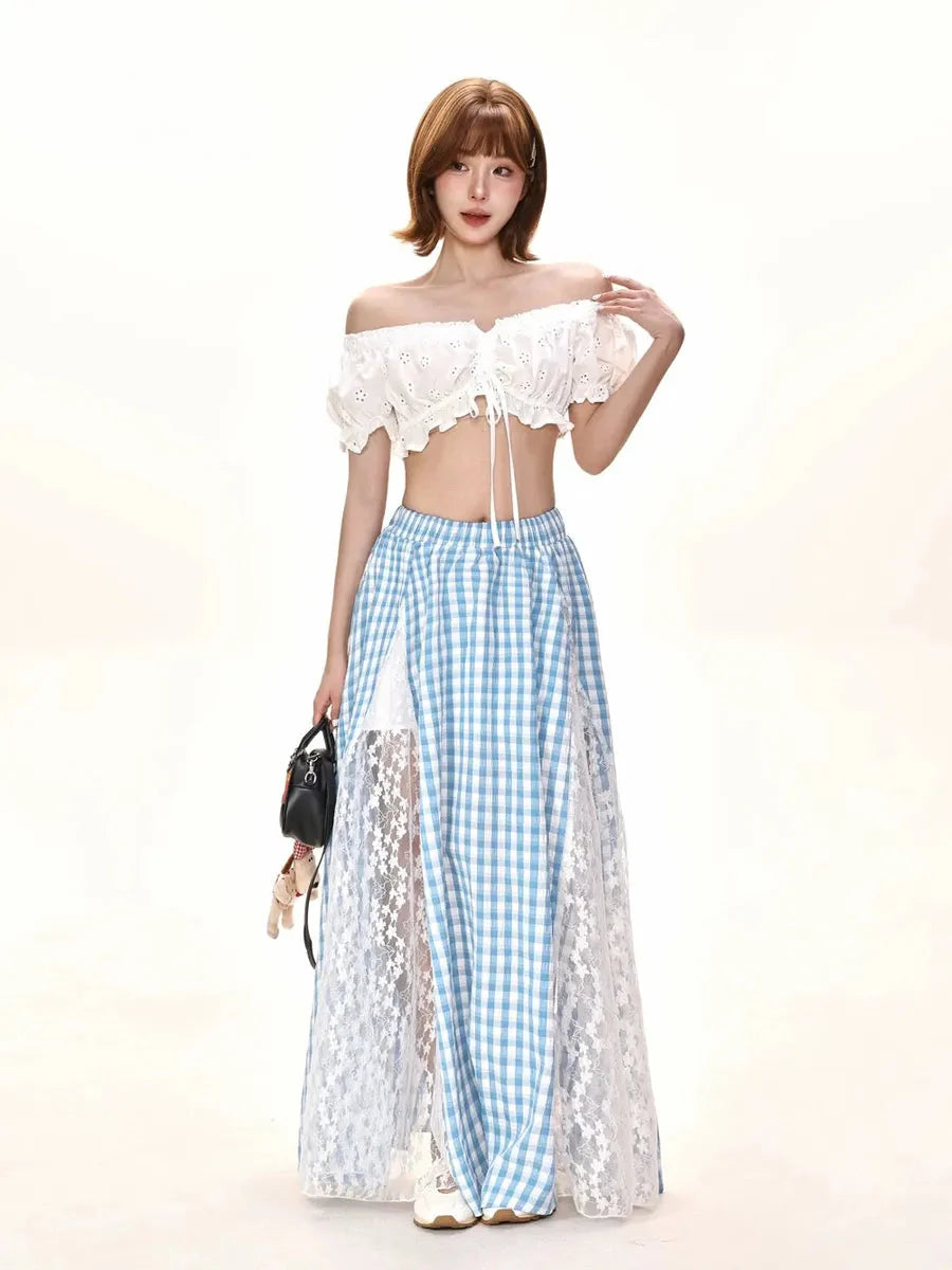Blue Checkerboard Split Midi Dress M99593
