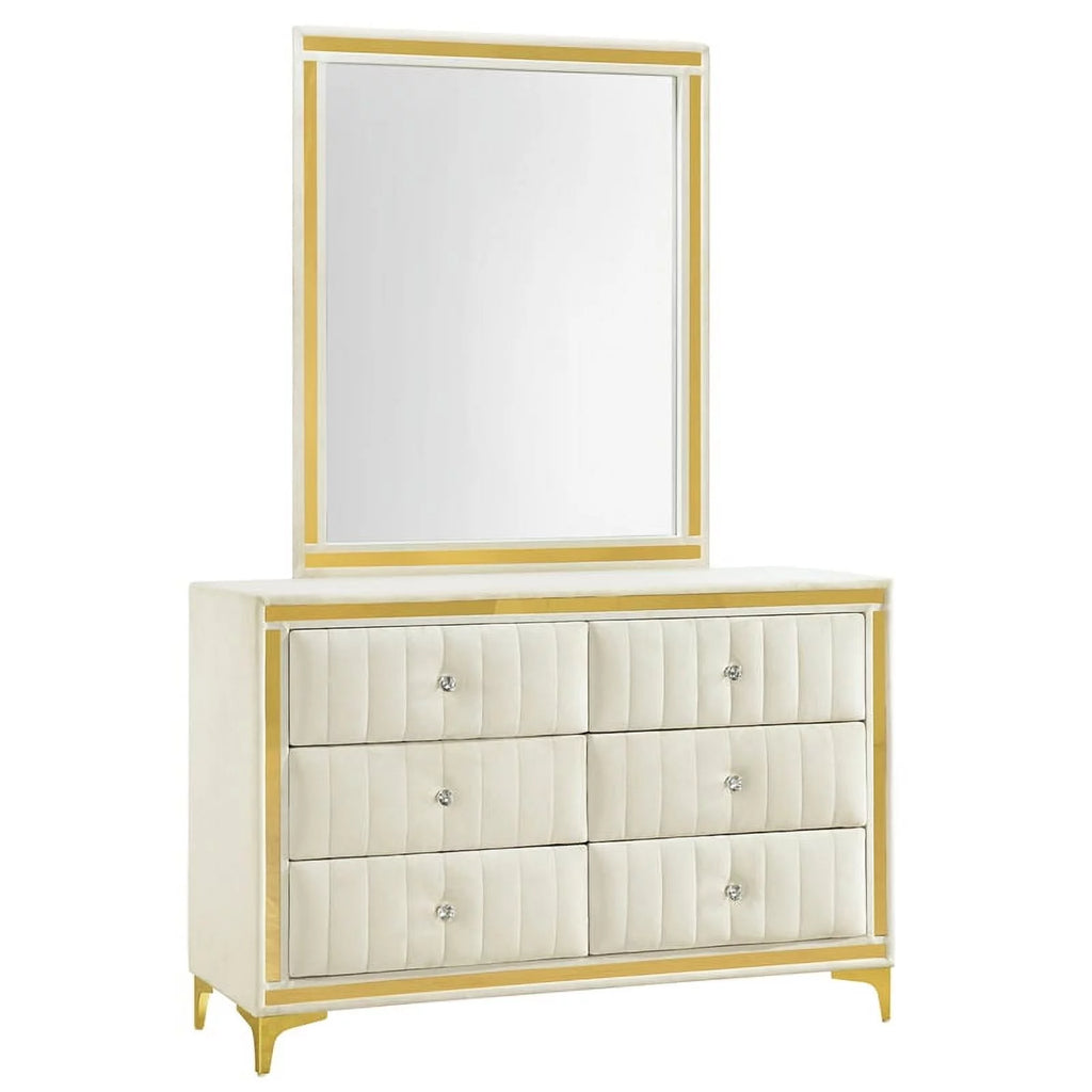 Velvet 6 Drawer Dresser with Mirror and Gold Legs in Cream M366