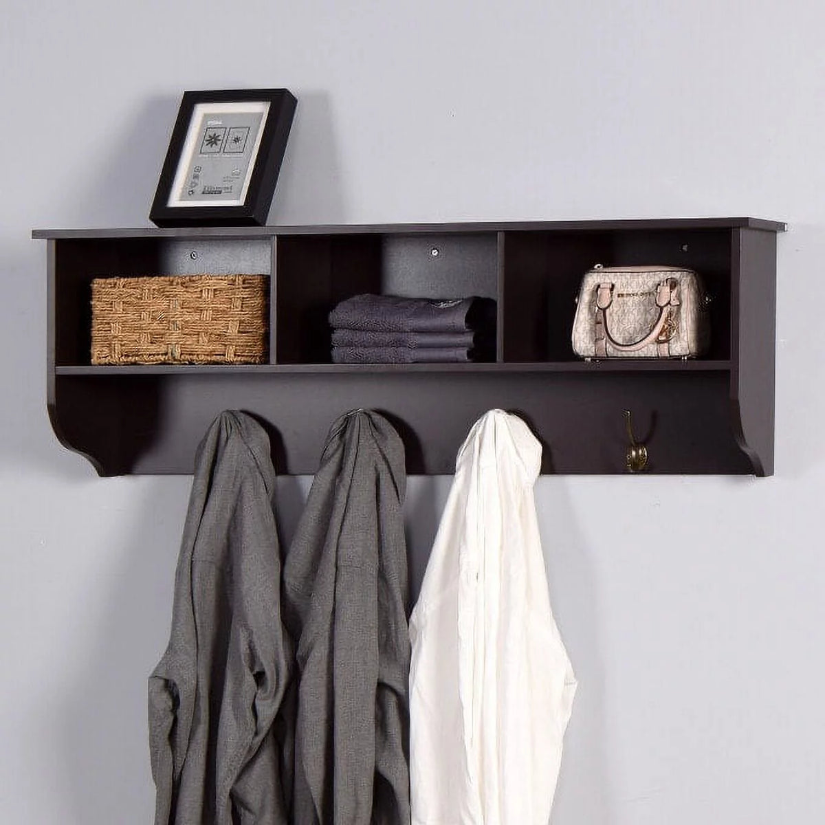 Wall Mounted Coat Rack with 4 Dual Hooks and Storage Shelf R4811
