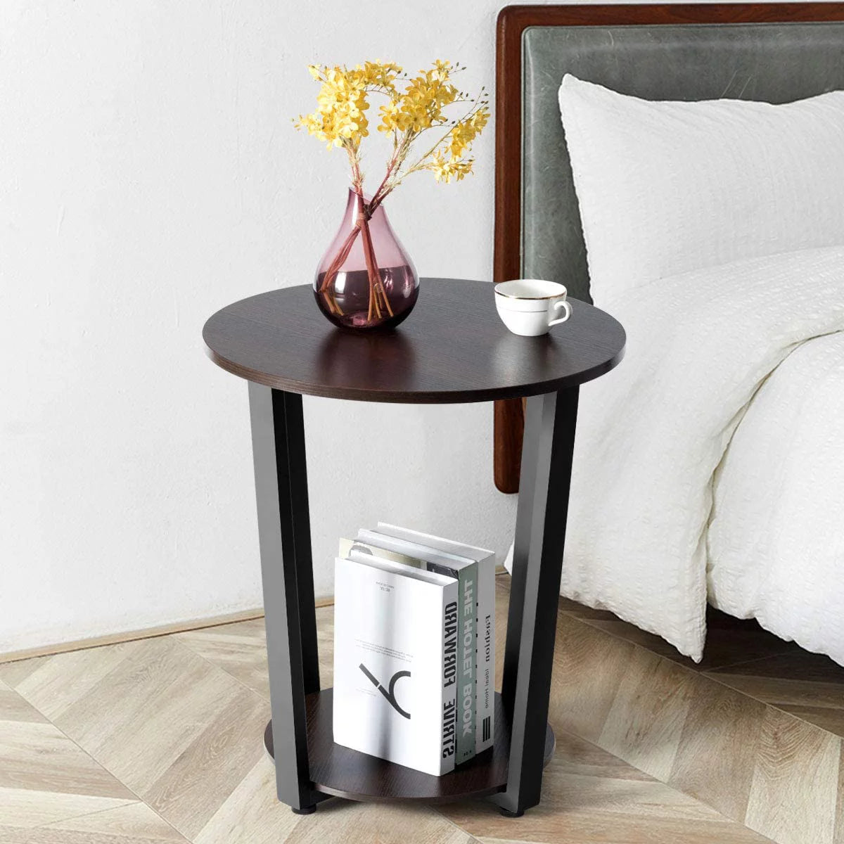 Round 2-Tier Metal End Table with Storage Shelf I675